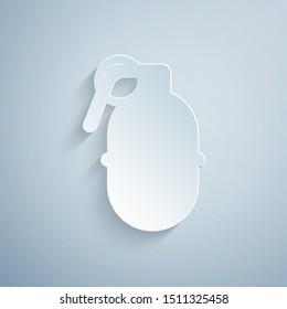 Paper cut Hand grenade icon isolated on grey background. Bomb explosion. Paper art style. Vector Illustration