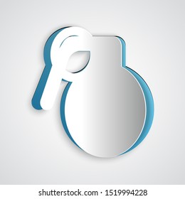 Paper cut Hand grenade icon isolated on grey background. Bomb explosion. Paper art style. Vector Illustration