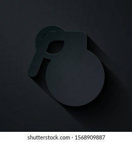 Paper cut Hand grenade icon isolated on black background. Bomb explosion. Paper art style. Vector Illustration