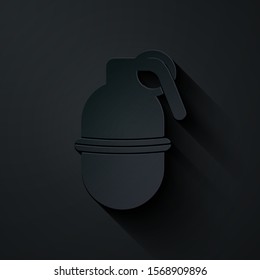 Paper cut Hand grenade icon isolated on black background. Bomb explosion. Paper art style. Vector Illustration