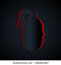 Paper cut Hand grenade icon isolated on black background. Bomb explosion. Paper art style. Vector Illustration