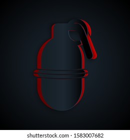 Paper cut Hand grenade icon isolated on black background. Bomb explosion. Paper art style. Vector Illustration