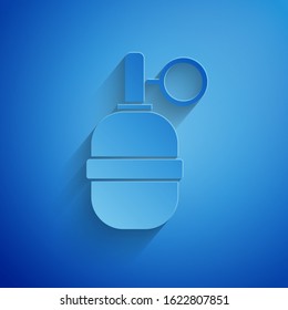 Paper cut Hand grenade icon isolated on blue background. Bomb explosion. Paper art style. Vector Illustration