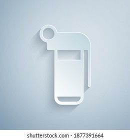 Paper cut Hand grenade icon isolated on grey background. Bomb explosion. Paper art style. Vector.