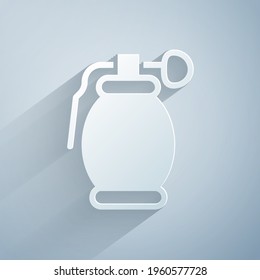 Paper cut Hand grenade icon isolated on grey background. Bomb explosion. Paper art style. Vector