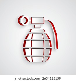 Paper cut Hand grenade icon isolated on grey background. Bomb explosion. Paper art style. Vector