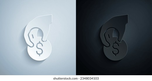Paper cut Hand holding casino chips icon isolated on grey and black background. Casino gambling. Paper art style. Vector