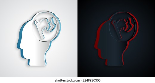 Icono de la bandera de la mano de corte de papel aislado en fondo gris y negro. Victoria, triunfo y conquista el concepto de adversidad. Estilo de arte de papel. Vector