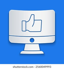 Paper cut Hand like icon isolated on blue background. Paper art style. Vector