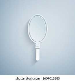 Paper cut Hand mirror icon isolated on grey background. Paper art style. Vector Illustration