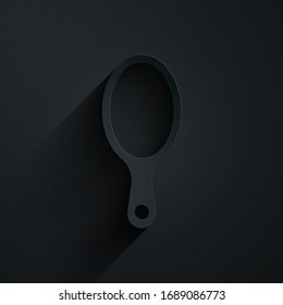 Paper cut Hand mirror icon isolated on black background. Paper art style. Vector Illustration