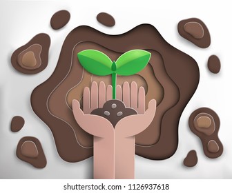 paper cut of hand planting sprout into soil hole,ecology and nature concept,paper art style,vector and illustration 