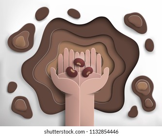 Paper Cut Of Hand Seed Planting Into Soil Hole,ecology And Nature Concept,paper Art Style,vector And Illustration 