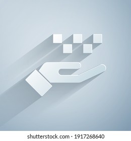 Paper cut Hand with taxi icon isolated on grey background. Location symbol. Paper art style. Vector