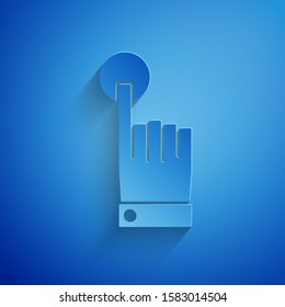 Paper cut Hand touch and tap gesture icon isolated on blue background. Click here, finger, touch, pointer, cursor, mouse symbol. Paper art style. Vector Illustration