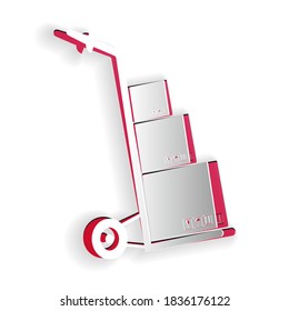Paper cut Hand truck and boxes icon isolated on white background. Dolly symbol. Paper art style. Vector.