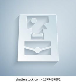 Paper cut Handbag icon isolated on grey background. Female handbag sign. Glamour casual baggage symbol. Paper art style. Vector.