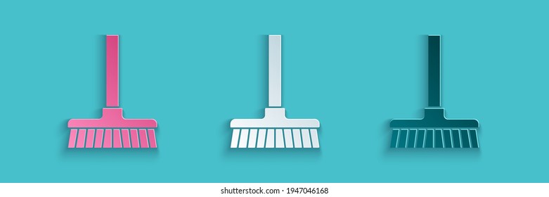 Paper cut Handle broom icon isolated on blue background. Cleaning service concept. Paper art style. Vector