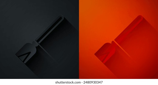 Paper cut Handle broom icon isolated on black and red background. Cleaning service concept. Paper art style. Vector
