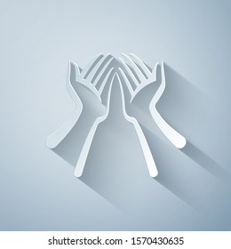 Paper cut Hands icon isolated on grey background. Paper art style. Vector Illustration