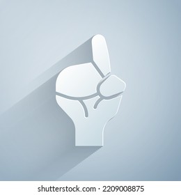 Paper cut Hands in praying position icon isolated on grey background. Praying hand islam muslim religion spirituality religious. Paper art style. Vector