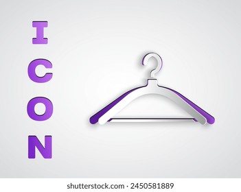 Paper cut Hanger wardrobe icon isolated on grey background. Cloakroom icon. Clothes service symbol. Laundry hanger sign. Paper art style. Vector Illustration