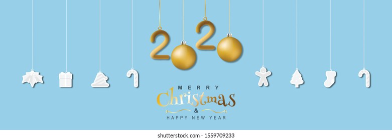 Paper cut hanging decoration minimal Christmas design on blue background