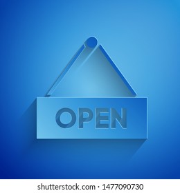 Paper cut Hanging sign with text Open door icon isolated on blue background. Paper art style. Vector Illustration