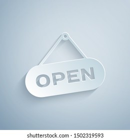 Paper cut Hanging sign with text Open door icon isolated on grey background. Paper art style. Vector Illustration