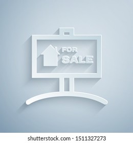 Paper cut Hanging sign with text For Sale icon isolated on grey background. Signboard with text For Sale. Paper art style. Vector Illustration