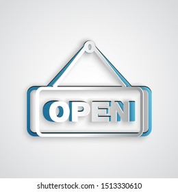Paper cut Hanging sign with text Open door icon isolated on grey background. Paper art style. Vector Illustration