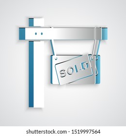 Paper cut Hanging sign with text Sold icon isolated on grey background. Sold sticker. Sold signboard. Paper art style. Vector Illustration