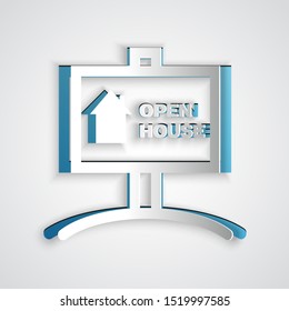 Paper cut Hanging sign with text Open house icon isolated on grey background. Signboard with text Open house. Paper art style. Vector Illustration