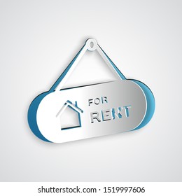 Paper cut Hanging sign with text For Rent icon isolated on grey background. Signboard with text For Rent. Paper art style. Vector Illustration