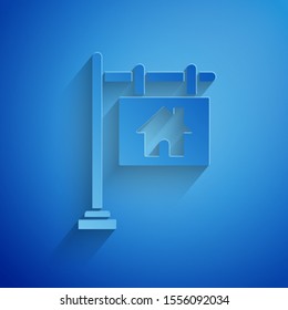 Paper cut Hanging sign with text Sale icon isolated on blue background. Signboard with text Sale. Paper art style. Vector Illustration