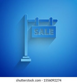 Paper cut Hanging sign with text Sale icon isolated on blue background. Signboard with text Sale. Paper art style. Vector Illustration
