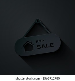 Paper cut Hanging sign with text For Sale icon isolated on black background. Signboard with text For Sale. Paper art style. Vector Illustration