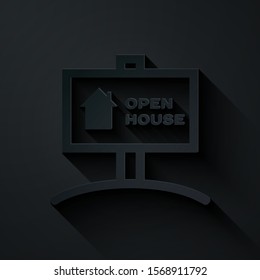 Paper cut Hanging sign with text Open house icon isolated on black background. Signboard with text Open house. Paper art style. Vector Illustration