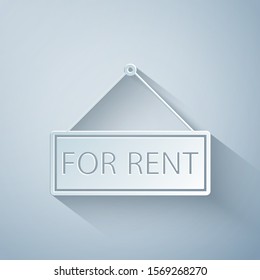 Paper cut Hanging sign with text For rent icon isolated on grey background. Paper art style. Vector Illustration