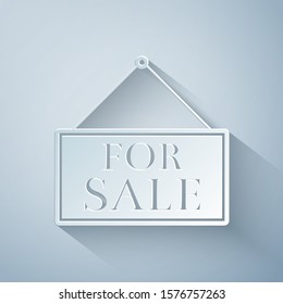 Paper cut Hanging sign with text For Sale icon isolated on grey background. Paper art style. Vector Illustration