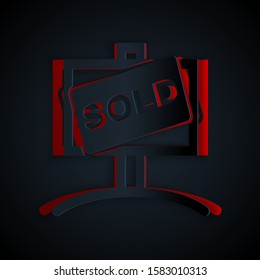 Paper cut Hanging sign with text Sold icon isolated on black background. Sold sticker. Sold signboard. Paper art style. Vector Illustration