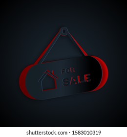 Paper cut Hanging sign with text For Sale icon isolated on black background. Signboard with text For Sale. Paper art style. Vector Illustration