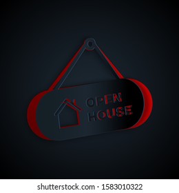 Paper cut Hanging sign with text Open house icon isolated on black background. Signboard with text Open house. Paper art style. Vector Illustration