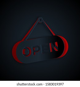 Paper cut Hanging sign with text Open door icon isolated on black background. Paper art style. Vector Illustration
