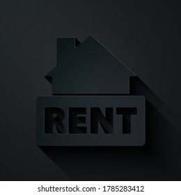 Paper cut Hanging sign with text Rent icon isolated on black background. Signboard with text For Rent. Paper art style. Vector