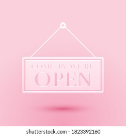 Paper cut Hanging sign with text Come in we're open icon isolated on pink background. Business theme for cafe or restaurant. Paper art style. Vector.