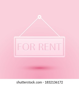 Paper cut Hanging sign with text For rent icon isolated on pink background. Paper art style. Vector.