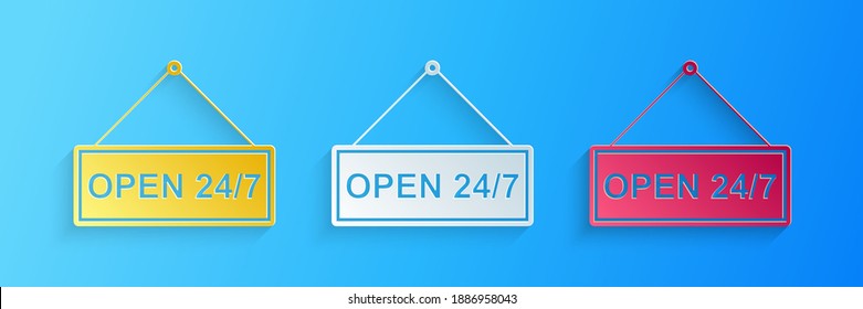 Paper cut Hanging sign with text Open 24-7 hours icon isolated on blue background. Business theme for cafe or restaurant, club and bar. Paper art style. Vector.