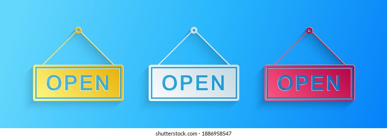 Paper cut Hanging sign with text Open door icon isolated on blue background. Paper art style. Vector.