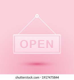 Paper cut Hanging sign with text Open door icon isolated on pink background. Paper art style. Vector.